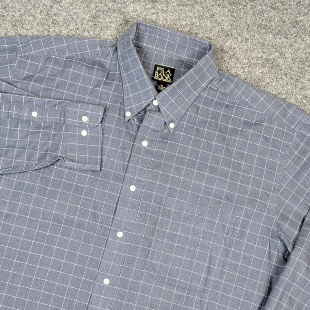 Jos A Bank Travelers Collection Mens XL Blue Grid Check Cotton Button Down Shirt
